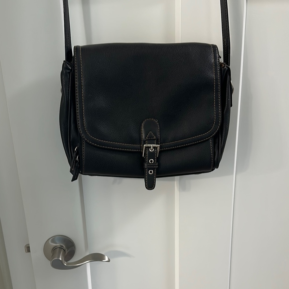 Nine West Black leather Messenger Bag with Flap-Over Design